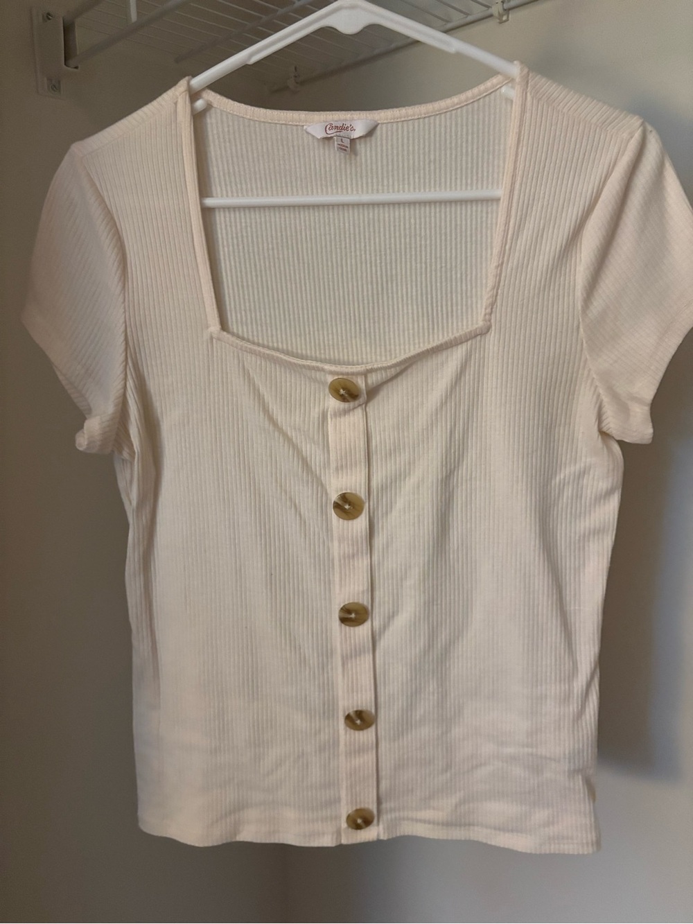 Candie's Cream Ribbed Square-Neck Button-Front Short Sleeve Top